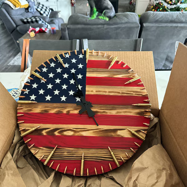 American Flag Clock,Rustic USA Clock,Patriotic Wall Clock,USA Flag Clock,America Wall Clock,American Hunting Gift,Patriotic Wall Decor