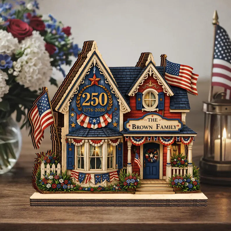 Custom House Wooden Block USA 250th Anniversary, 1776 2026 Patriotic Shelf Decor, Commemorative Display for Independence Day, 4th of July
