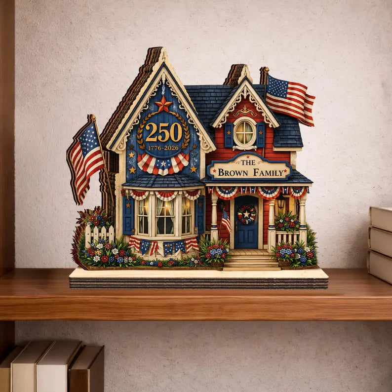 Custom House Wooden Block USA 250th Anniversary, 1776 2026 Patriotic Shelf Decor, Commemorative Display for Independence Day, 4th of July