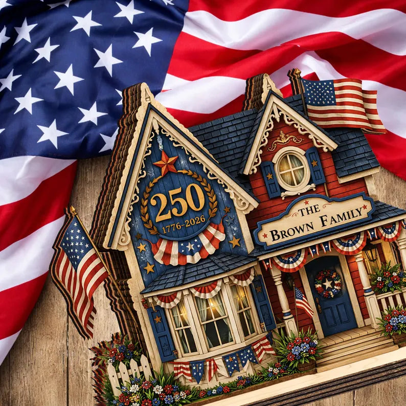 Custom House Wooden Block USA 250th Anniversary, 1776 2026 Patriotic Shelf Decor, Commemorative Display for Independence Day, 4th of July