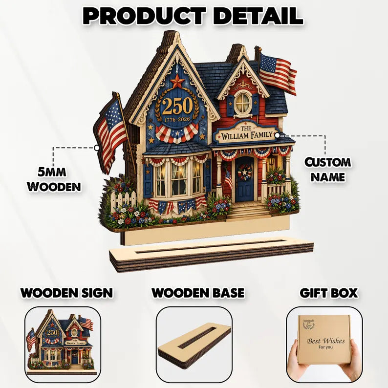 Custom House Wooden Block USA 250th Anniversary, 1776 2026 Patriotic Shelf Decor, Commemorative Display for Independence Day, 4th of July