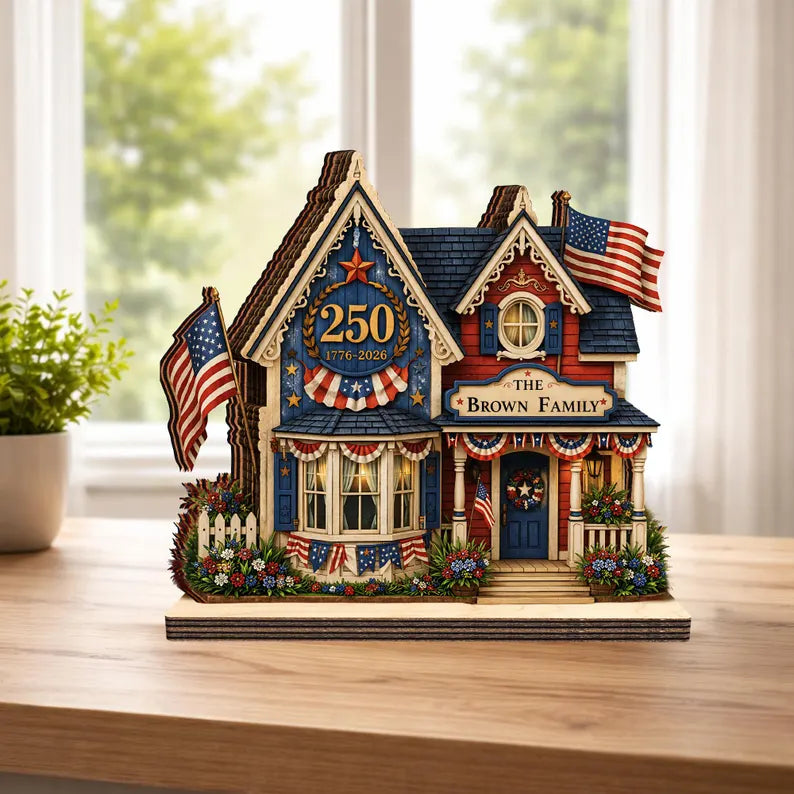 Custom House Wooden Block USA 250th Anniversary, 1776 2026 Patriotic Shelf Decor, Commemorative Display for Independence Day, 4th of July
