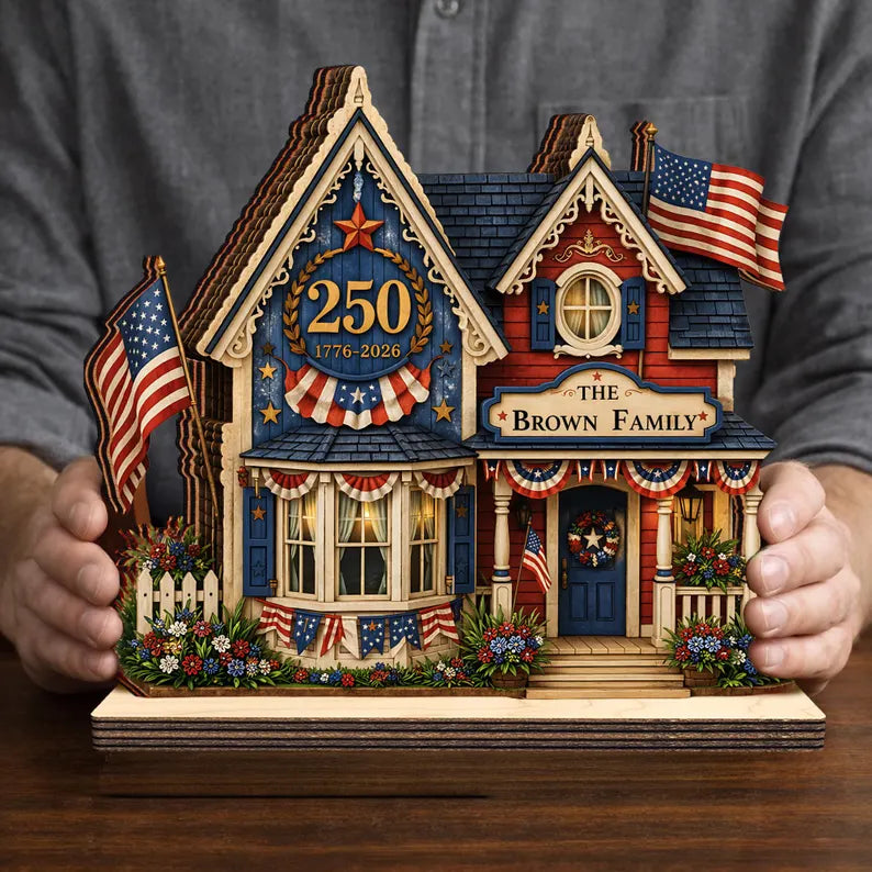 Custom House Wooden Block USA 250th Anniversary, 1776 2026 Patriotic Shelf Decor, Commemorative Display for Independence Day, 4th of July
